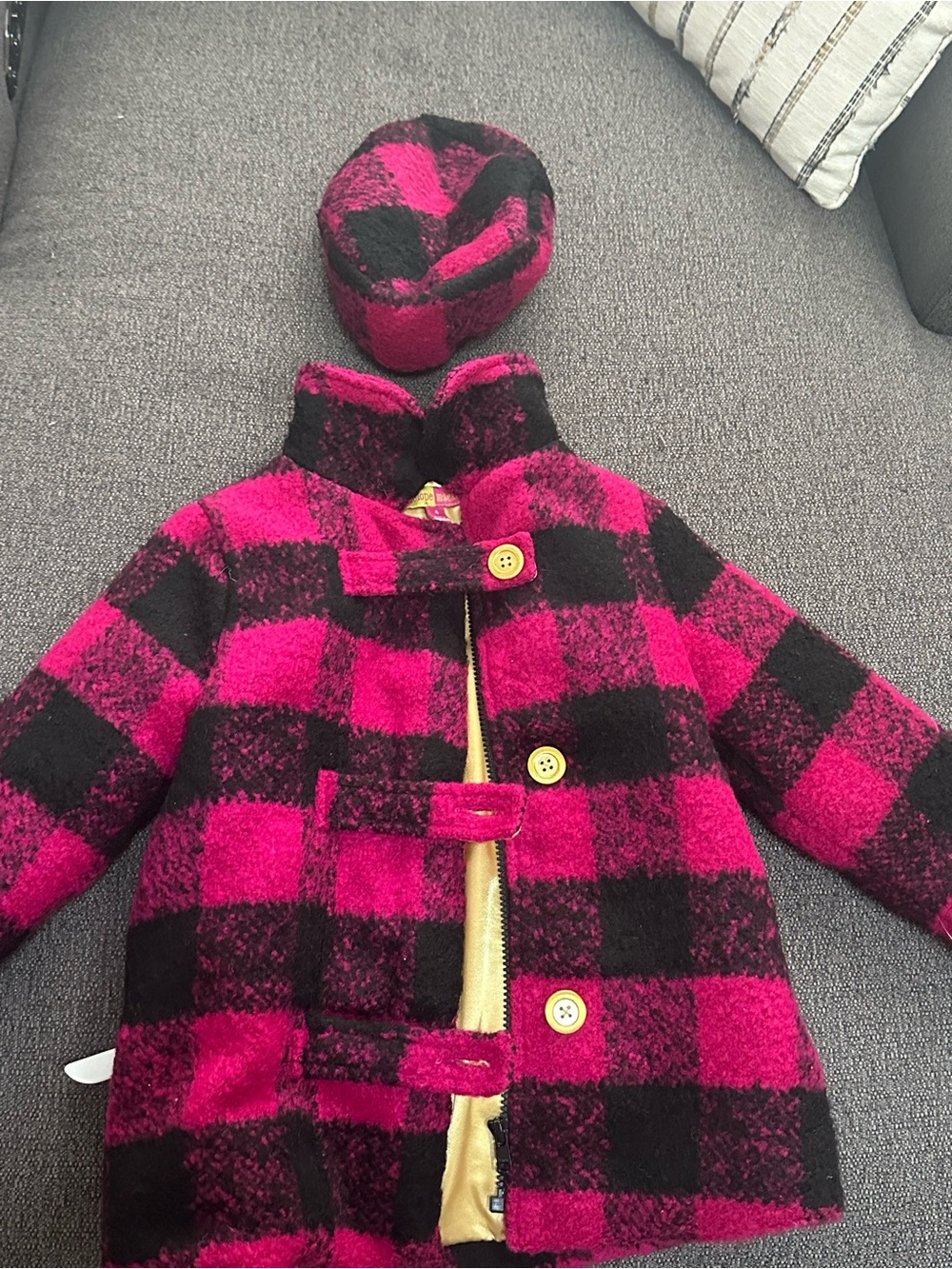 Penelope Mack Pink and Black Plaid Pea Coat with Matching Hat